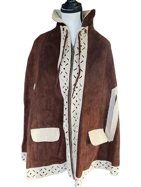 Vintage Leather Cape Poncho Hippie Jacket Size OS Tan Brown Zipper Front Western - Picture 5 of 13